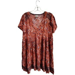 Knox Rose Women's Large Boho Crinkle Coral Floral Design‎ Mini Dress